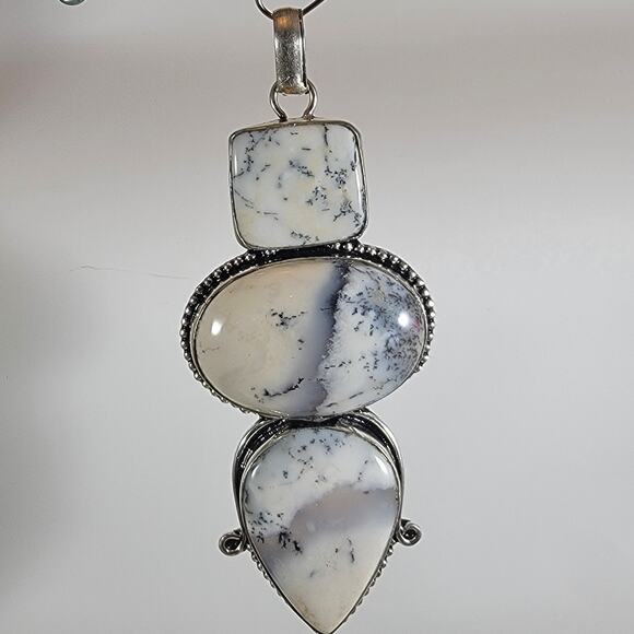 Dendritic Opal Pendant Necklace – Triple Stone Design + 20" Sterling Chain - Picture 9 of 10